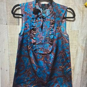 Marc By Marc Jacobs Blue and Brown Ruffled Satin Print Camisole